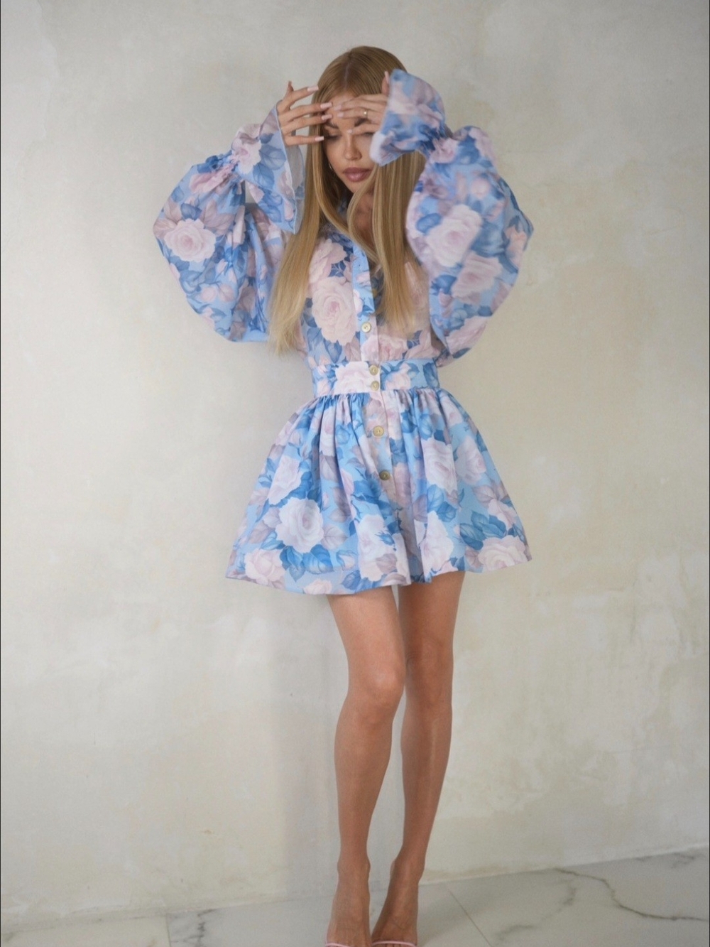 Joanna MUZYK Blue BLOOM and Pink Floral Button-Front Mini Dress MEDIUM